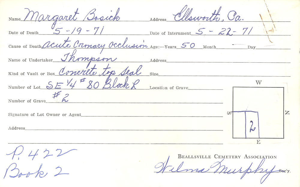 Margaret Bosick burial card